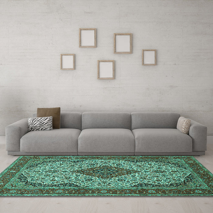Machine Washable Medallion Turquoise Traditional Area Rugs in a Living Room,, wshtr479turq