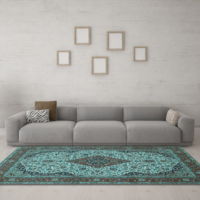 Machine Washable Medallion Light Blue Traditional Rug in a Living Room, wshtr479lblu
