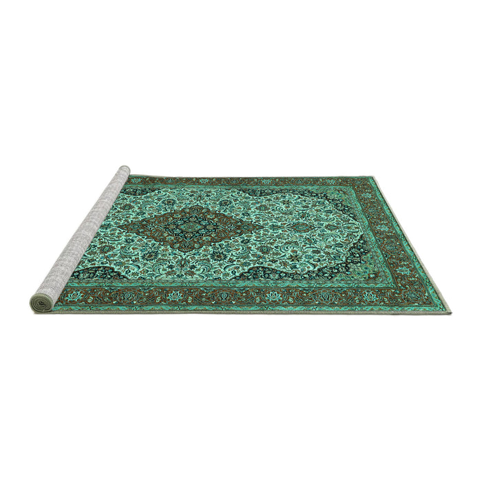 Sideview of Machine Washable Medallion Turquoise Traditional Area Rugs, wshtr479turq