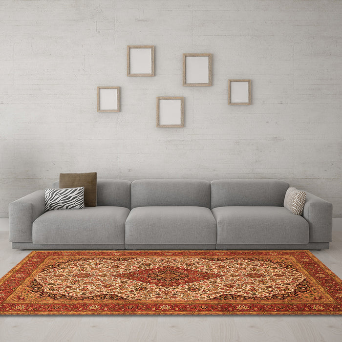 Machine Washable Medallion Orange Traditional Area Rugs in a Living Room, wshtr479org