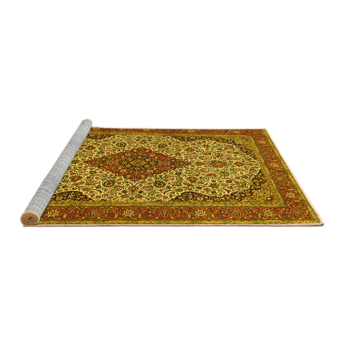 Sideview of Machine Washable Medallion Yellow Traditional Rug, wshtr479yw
