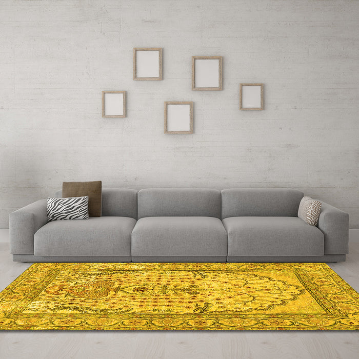 Machine Washable Persian Yellow Traditional Rug in a Living Room, wshtr4801yw