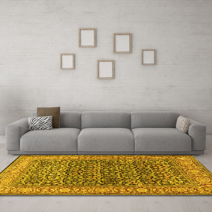 Machine Washable Persian Yellow Traditional Rug in a Living Room, wshtr4802yw