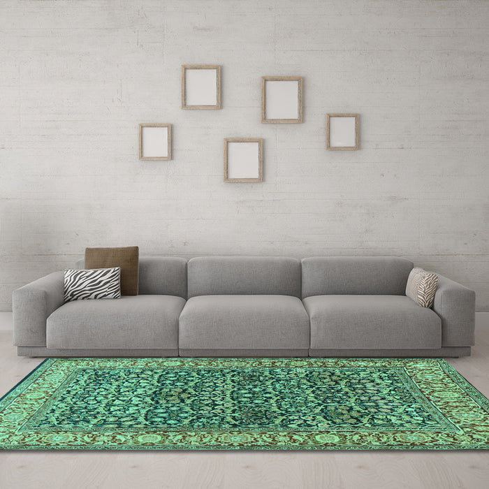Machine Washable Persian Turquoise Traditional Area Rugs in a Living Room,, wshtr4802turq