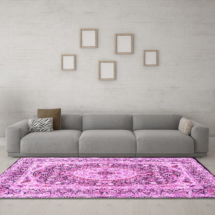 Machine Washable Medallion Pink Traditional Rug in a Living Room, wshtr4803pnk