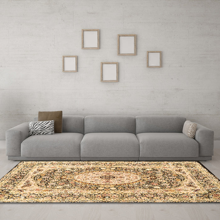 Machine Washable Medallion Brown Traditional Rug in a Living Room,, wshtr4803brn
