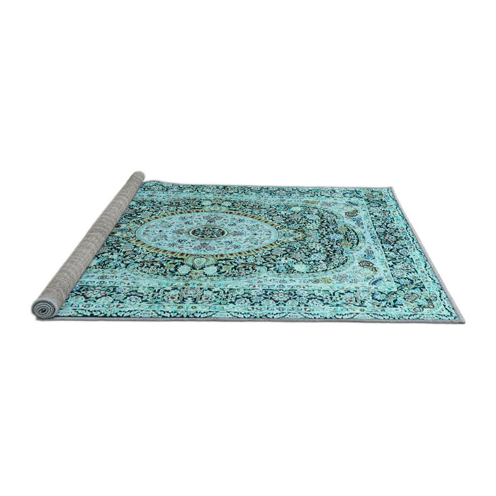 Sideview of Machine Washable Medallion Light Blue Traditional Rug, wshtr4803lblu