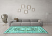 Machine Washable Medallion Turquoise Traditional Area Rugs in a Living Room,, wshtr4803turq