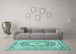 Machine Washable Medallion Turquoise Traditional Area Rugs in a Living Room,, wshtr4803turq