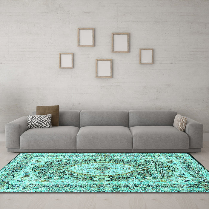 Machine Washable Medallion Turquoise Traditional Area Rugs in a Living Room,, wshtr4803turq