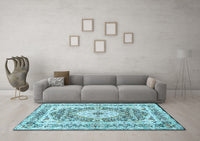 Machine Washable Medallion Light Blue Traditional Rug, wshtr4803lblu