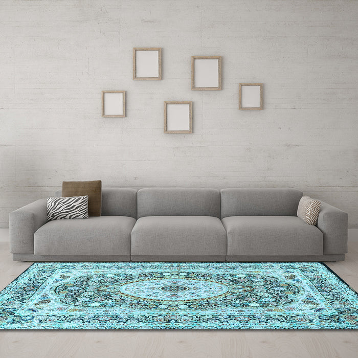 Machine Washable Medallion Light Blue Traditional Rug in a Living Room, wshtr4803lblu