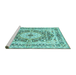 Sideview of Machine Washable Medallion Turquoise Traditional Area Rugs, wshtr4803turq