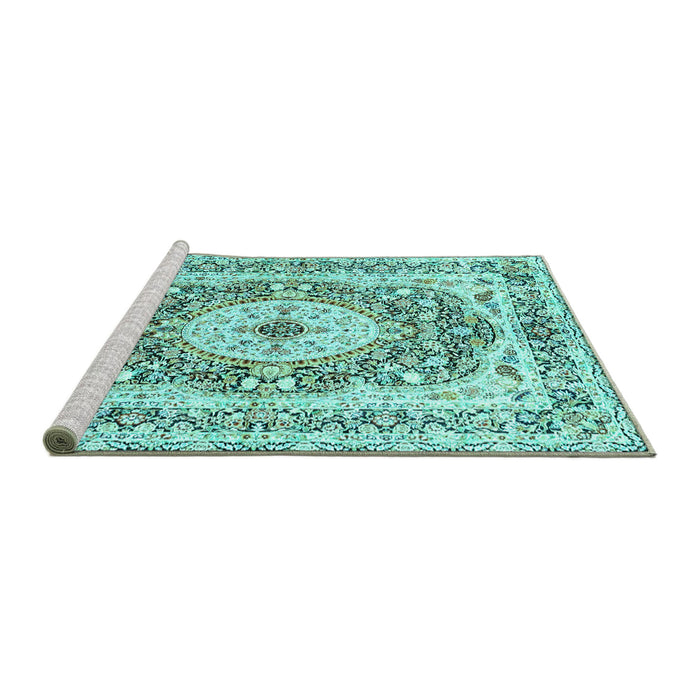 Sideview of Machine Washable Medallion Turquoise Traditional Area Rugs, wshtr4803turq