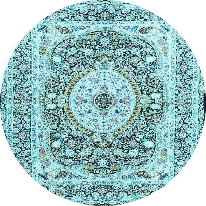 Round Machine Washable Medallion Light Blue Traditional Rug, wshtr4803lblu