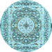 Round Machine Washable Medallion Light Blue Traditional Rug, wshtr4803lblu