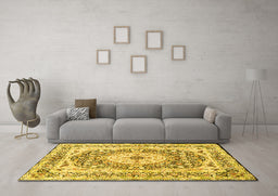 Machine Washable Medallion Yellow Traditional Rug in a Living Room, wshtr4803yw