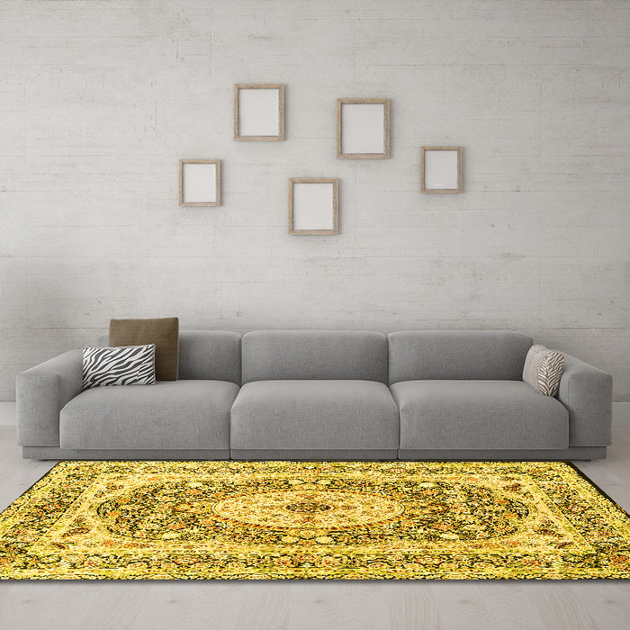 Machine Washable Medallion Yellow Traditional Rug in a Living Room, wshtr4803yw