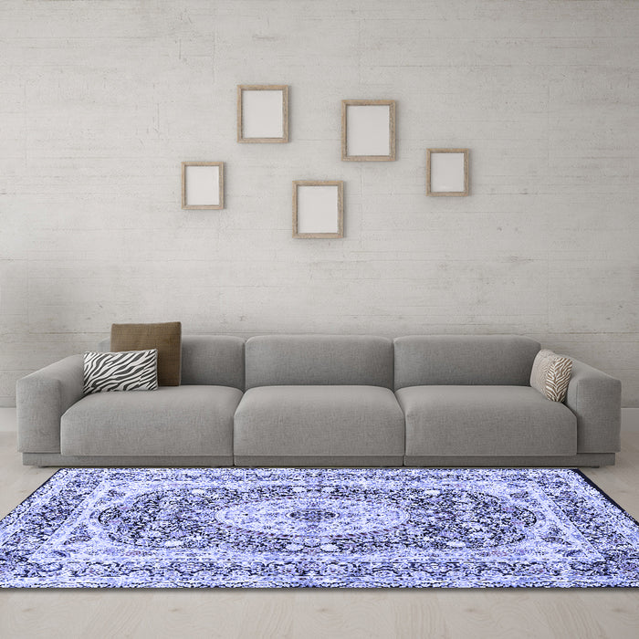 Machine Washable Medallion Blue Traditional Rug in a Living Room, wshtr4803blu