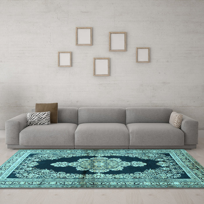 Machine Washable Medallion Light Blue Traditional Rug in a Living Room, wshtr4804lblu