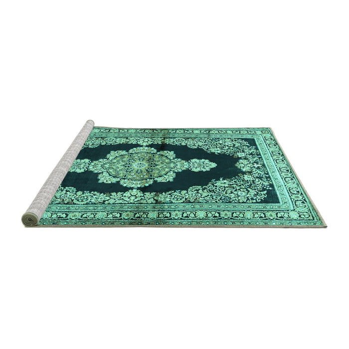 Sideview of Machine Washable Medallion Turquoise Traditional Area Rugs, wshtr4804turq