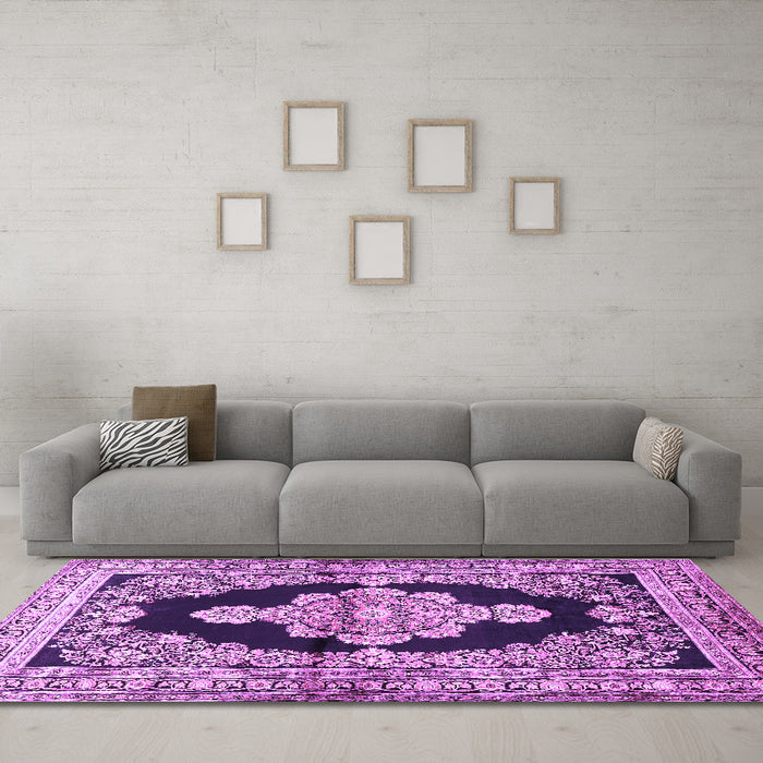Machine Washable Medallion Purple Traditional Area Rugs in a Living Room, wshtr4804pur