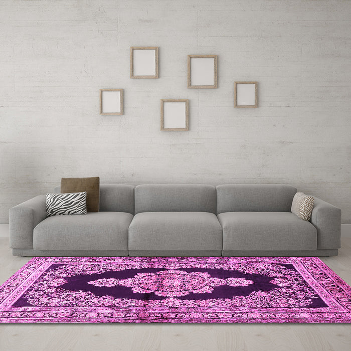Machine Washable Medallion Pink Traditional Rug in a Living Room, wshtr4804pnk