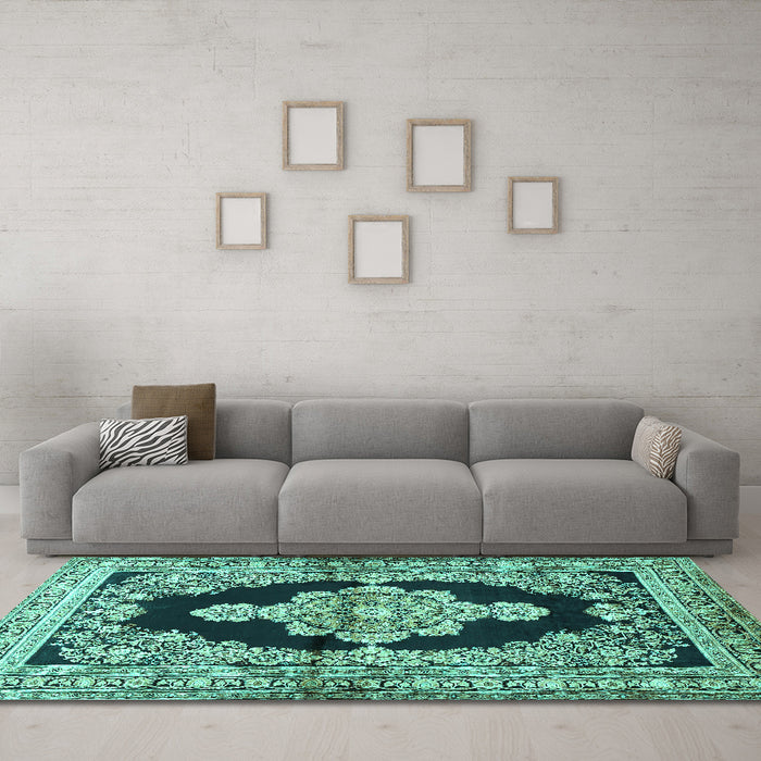 Machine Washable Medallion Turquoise Traditional Area Rugs in a Living Room,, wshtr4804turq