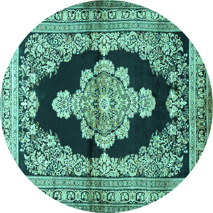 Round Machine Washable Medallion Turquoise Traditional Area Rugs, wshtr4804turq