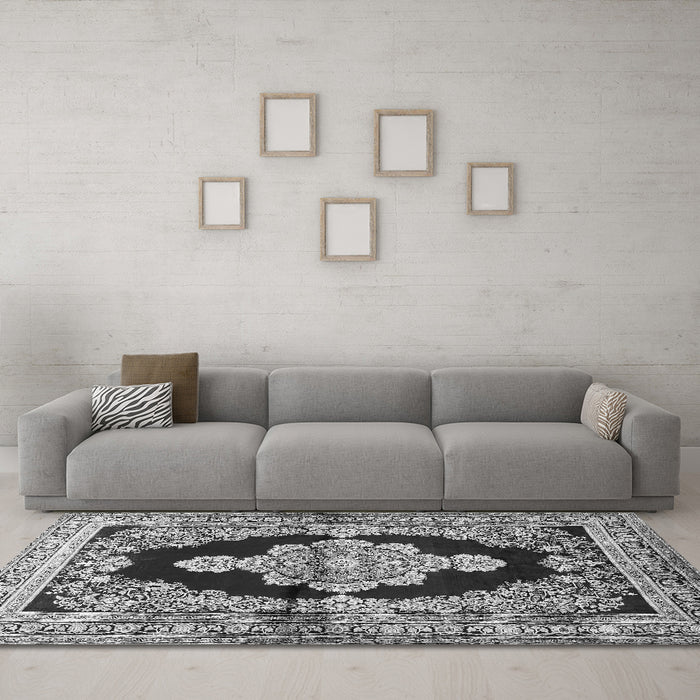 Machine Washable Medallion Gray Traditional Rug in a Living Room,, wshtr4804gry