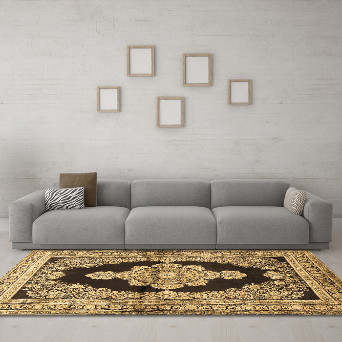 Machine Washable Medallion Brown Traditional Rug in a Living Room,, wshtr4804brn