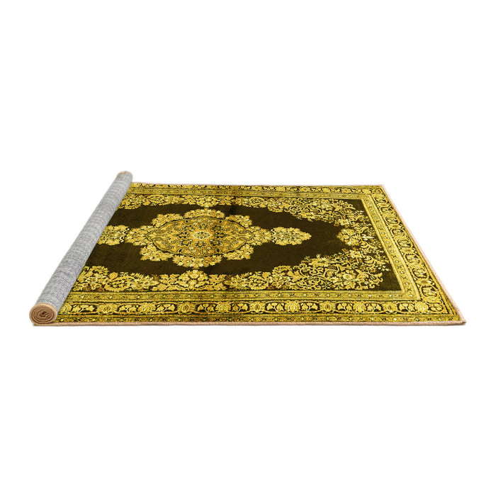 Sideview of Machine Washable Medallion Yellow Traditional Rug, wshtr4804yw