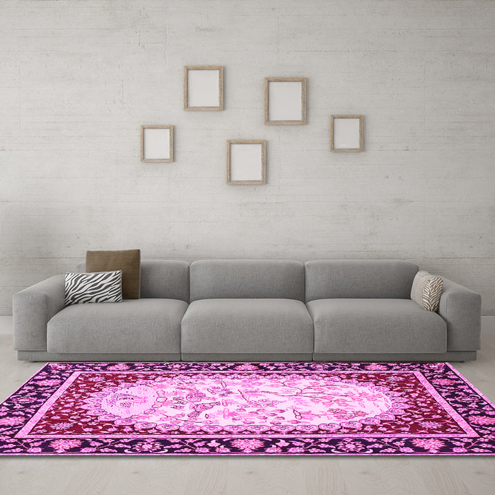 Machine Washable Persian Pink Traditional Rug in a Living Room, wshtr4805pnk