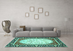 Machine Washable Persian Turquoise Traditional Area Rugs in a Living Room,, wshtr4805turq