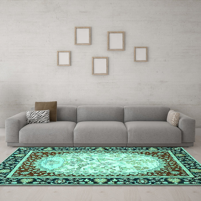 Machine Washable Persian Turquoise Traditional Area Rugs in a Living Room,, wshtr4805turq