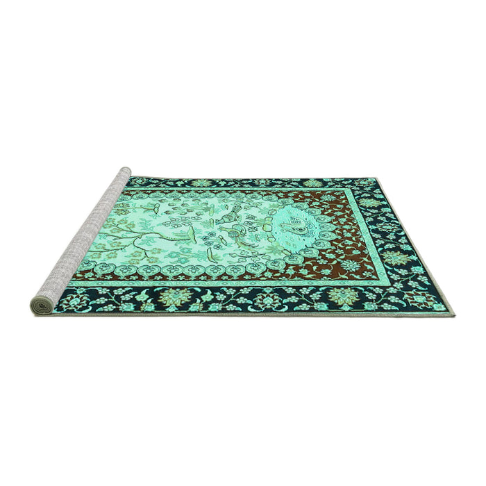 Sideview of Machine Washable Persian Turquoise Traditional Area Rugs, wshtr4805turq