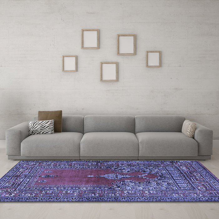 Machine Washable Oriental Blue Traditional Rug in a Living Room, wshtr4806blu
