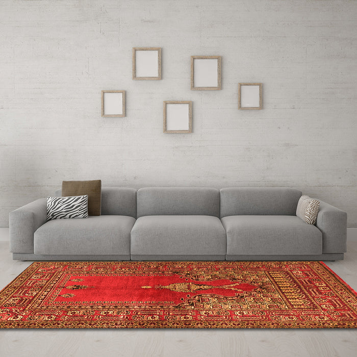 Machine Washable Oriental Orange Traditional Area Rugs in a Living Room, wshtr4806org
