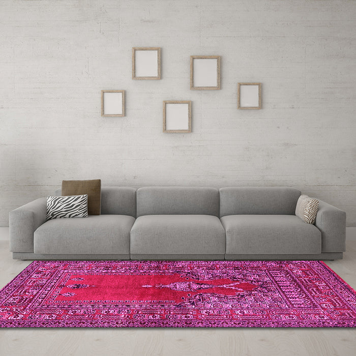 Machine Washable Oriental Pink Traditional Rug in a Living Room, wshtr4806pnk