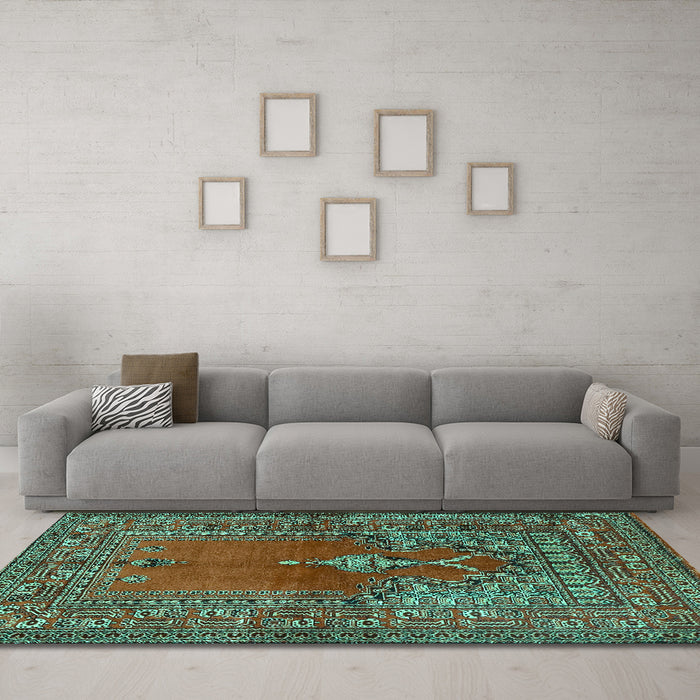 Machine Washable Oriental Turquoise Traditional Area Rugs in a Living Room,, wshtr4806turq