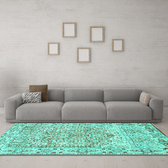 Machine Washable Persian Turquoise Traditional Area Rugs in a Living Room,, wshtr4807turq