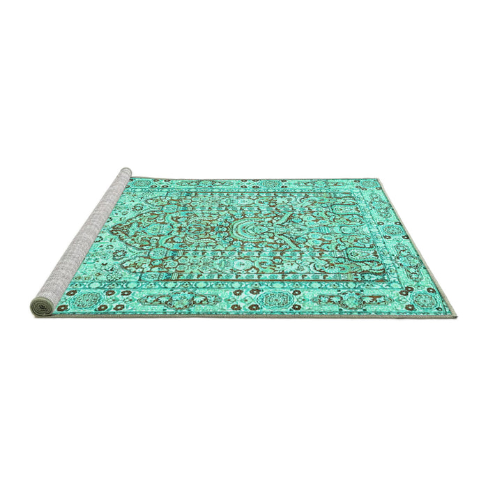 Sideview of Machine Washable Persian Turquoise Traditional Area Rugs, wshtr4807turq