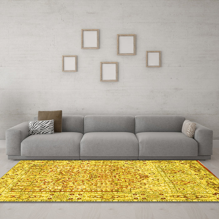 Machine Washable Persian Yellow Traditional Rug in a Living Room, wshtr4807yw