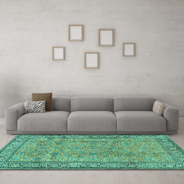 Machine Washable Persian Turquoise Traditional Area Rugs in a Living Room,, wshtr4808turq