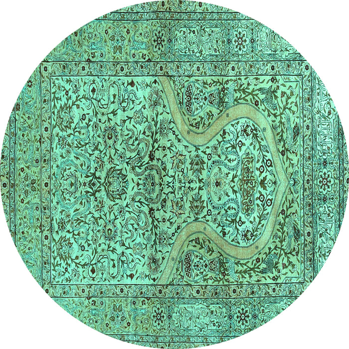 Round Machine Washable Persian Turquoise Traditional Area Rugs, wshtr4809turq