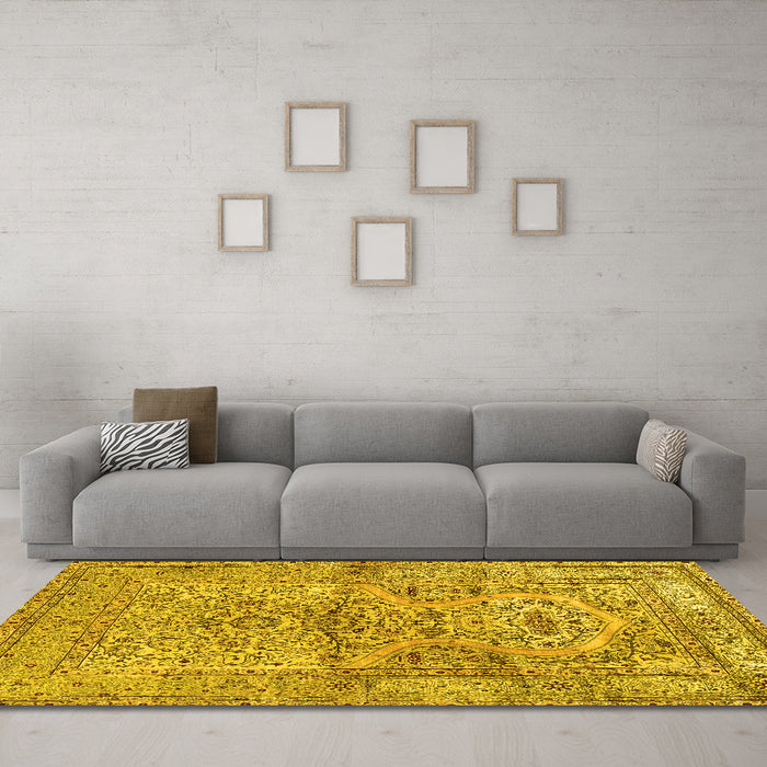 Machine Washable Persian Yellow Traditional Rug in a Living Room, wshtr4809yw
