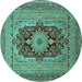 Round Machine Washable Medallion Turquoise Traditional Area Rugs, wshtr480turq