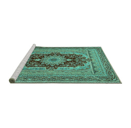 Sideview of Machine Washable Medallion Turquoise Traditional Area Rugs, wshtr480turq
