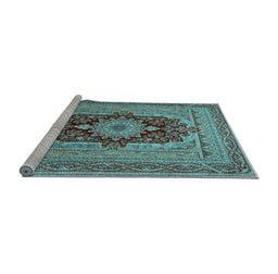 Sideview of Machine Washable Medallion Light Blue Traditional Rug, wshtr480lblu