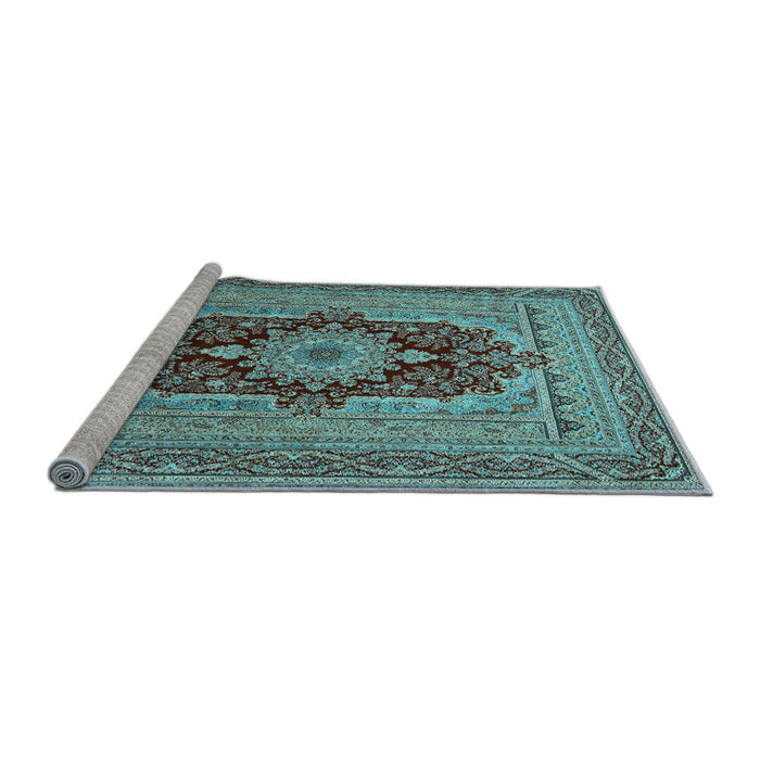 Sideview of Machine Washable Medallion Light Blue Traditional Rug, wshtr480lblu